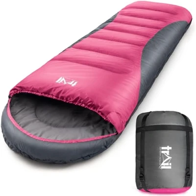 Abbildung von Trail Alpine Schlafsack Mit Kapuze Wahlweise 250 g oder 400 als 3 Jahreszeiten und 4 Leicht, Kleines Packmaß Kompressionssack (Pink)