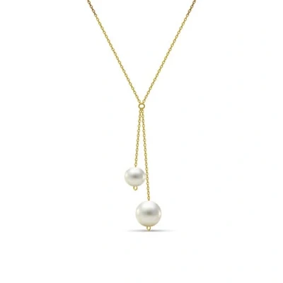 Abbildung von MIORE Schmuck Damen Halskette mit Kettenanhänger 2 runde weiße Süßwasserperlen 8 mm Kette aus Gelbgold 14 Karat / 585 Gold, Länge Einstellbar 42 45cm