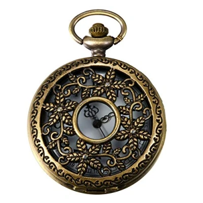 Abbildung von JewelryWe Taschenuhr Retro Blumenmuster Hohe Openwork Analog Quarz Uhr mit Halskette Kette Uhren Pocket Watch Geschenk Bronze