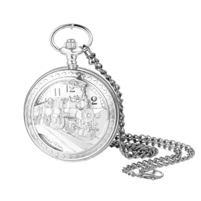 Abbildung von JewelryWe Zug Taschenuhr Silber mit Kette: Damen Herren Vintage Dampfzug Kettenuhr Analog Quarz Skelett Uhr Anhänger Halskette Pullover Kette Pocket Watch Geschenk