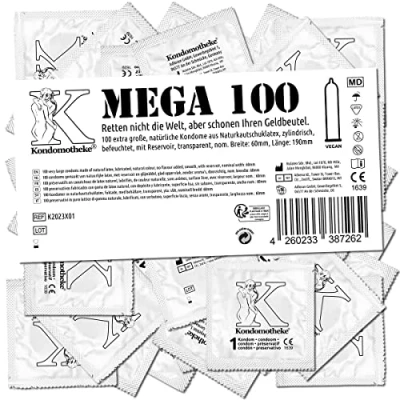 Abbildung von Kondomotheke MEGA, XXL Kondome mit 60mm nominale Breite, hohe Qualität, sicher und zuverlässig für professionelle Ansprüche geeignet hervorragendes Preis Leistungsverhältnis, 1 x 100 Stück
