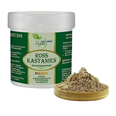Abbildung von VITA IDEAL Vegan® ROSSKASTANIEN Früchte 200g PULVER Aesculus hippocastanum Tagesportion 1000mg ROSSKASTANIENFRÜCHTE, natürlich, pflanzlich &amp; ohne Zusatzstoffe, Inklusive Messlöffel.