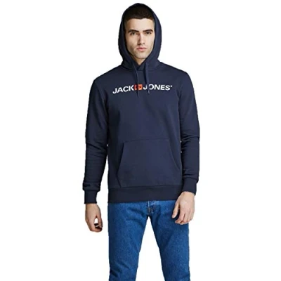 Abbildung von JACK &amp; JONES Herren Corp Logo Sweat Hood Kapuzen Sweatshirt Basic Jumper Reg Fit, Farben:Navy, Größe Pullover:XL