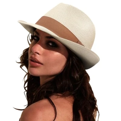 Abbildung von DRESHOW Damen Panama Hut Breiter Krempe Stroh Sommer Fedora Strohhut Aufrollen Strand Rollbar UV Sonnenhut UPF 50 +