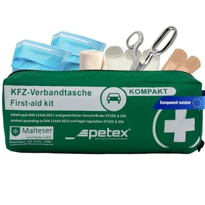 Abbildung von Petex Verbandtache KFZ Verbandtasche, grün, kompakt, aktuelle Norm 2022, Inhalt nach DIN 13164:2022