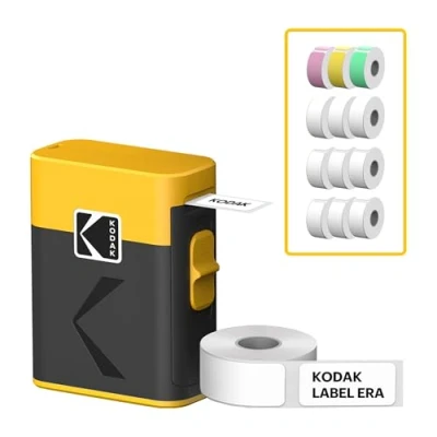 Abbildung von KODAK Label ERA M50 Etikettendruckmaschine, Gelb (Etikettendrucker mit 1 Rolle Aufkleber + 12 Rollen Set, Weiß 9 Rollen, Pink/Grün/Gelb je Rolle)