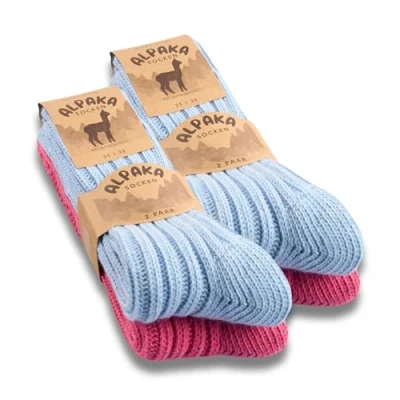 Abbildung von 4 Paar Alpaka Socken Herren Damen Wollsocken warme Wintersocken 20900 (Blau Pink 35 38)