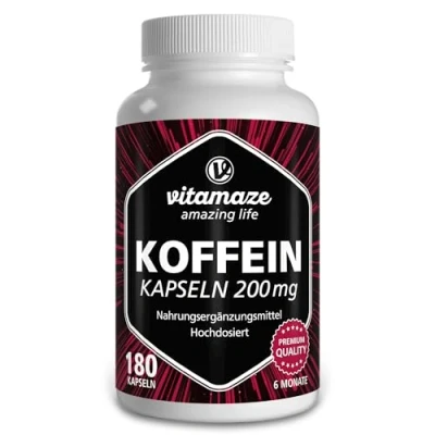 Abbildung von Koffein Kapseln hochdosiert, 180 mit 200 mg reinem Pulver für 6 Monate, 2 Tassen Kaffee in einer Kapsel, Nahrungsergänzung ohne unnötige Zusatzstoffe, Made Germany