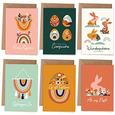 Abbildung von Papierdrachen Klappkarten zu Ostern 6 frühlingshafte Osterkarten inklusive Umschlag zur Osterzeit Grüße an die Familie Stilvolles Design Motiv Boho mit UV Lack Set 5