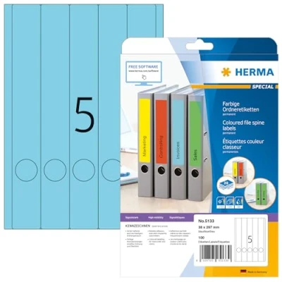 Abbildung von HERMA 5133 Ordnerrücken Etiketten lang schmal, 20 Blatt, 38 x 297 mm, 5 pro A4 Bogen, 100 Stück, selbstklebend, bedruckbar, blickdicht, blanko Papier Ordneretiketten Rückenschilder Aufkleber, blau