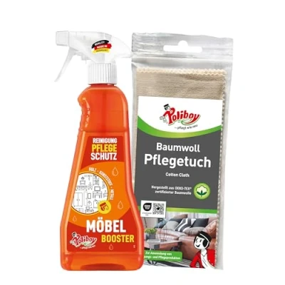 Abbildung von POLIBOY Möbel Booster Reinigendes Möbelpflegemittel Entfernt als Möbelreiniger Schmutz und frischt auf 1x 375 ml Mit Baumwolltuch Made in Germany