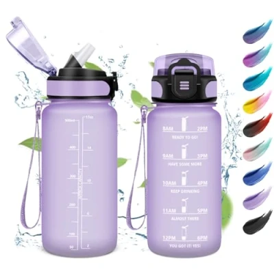 Abbildung von Trinkflasche Kinder 500ml, Wasserflasche mit Strohhalm, Auslaufsicher Kohlensäure Geeignet, Motivierende Zeitmarkierung, für Gym, Schule, Camping, Kinder, Sports