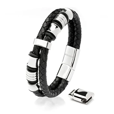 Abbildung von SERASAR Herren Armband 17cm Silber Männer Leder Armreif Lederband Herrenarmreif Armschmuck Schmuck Herrenschmuck Armkette Flecht Wickelarmband Armbändchen Bracelet