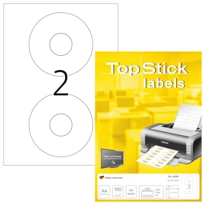 Abbildung von TopStick 8696 CD DVD Etiketten, 100 Blatt, Ø 117 mm, 2 pro A4 Bogen, 200 Stück, selbstklebend, bedruckbar, matt, blanko Papier Klebeetiketten Aufkleber, weiß