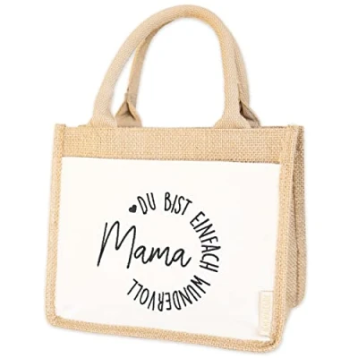 Abbildung von Papierdrachen Jutetasche mit Vordertasche und Bestickung Mama Du bist einfach wundervoll zum Muttertag einzigartige Geschenkidee in Grösse 25x15x21cm
