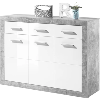 Abbildung von STONE Sideboard in Beton Optik, Weiß Hochglanz Moderne Kommode mit Schubladen und viel Stauraum 117 x 88 37 cm (B/H/T)