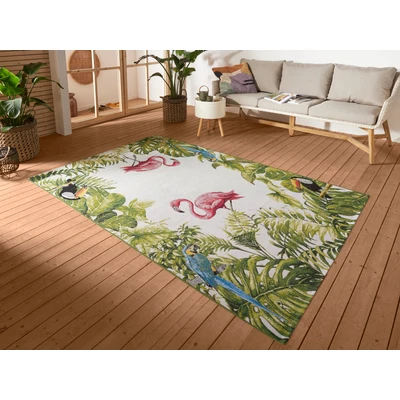 Abbildung von Hanse Home Tropical Birds In &amp; Outdoor Teppich Flachgewebe Aussenteppich, Flamingo Jungel Palmen Design, ÖKO TEX Wetterfest UV beständig für Balkon, Terrasse, Garten, Wohnzimmer Bunt, 80x165cm