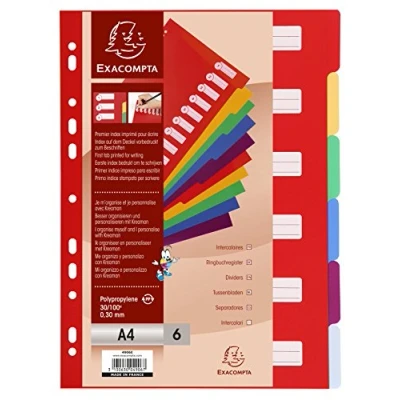 Abbildung von Exacompta 4906E Premium Register für DIN A4 aus langlebigem Kunststoff 6 teilig volle Höhe 21 x 29,7 cm blickdicht Farben mit Organisationsdruck auf der ersten Seite Trennblätter