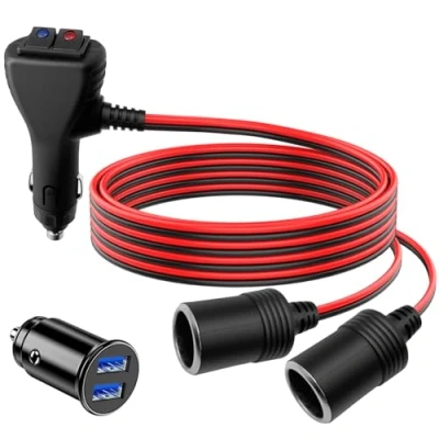 Abbildung von Hoembpn Zigarettenanzünder Verteiler Adapter Buchse, 1 bis 2 KFZ Auto Stecker mit Getrennte Schalter 12V/24V Doppelsteckdose Verlängerungskabel 1M + Dual USB Ladegerät