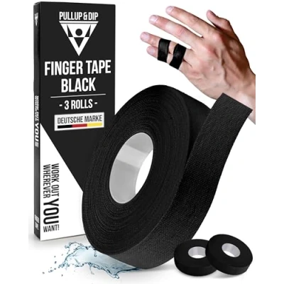 Abbildung von PULLUP &amp; DIP Fingertape extra stark, 3 Rollen (30m) Finger Tape, hautfreundliches Sporttape, Handtape für Kraftsport, Bjj, Handball Zubehör, Klettertape Finger, Torwart Training (Schwarz)