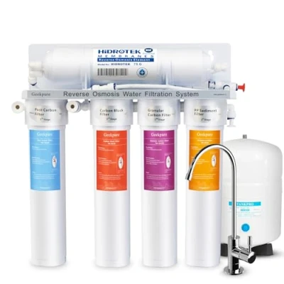 Abbildung von Geekpure 5 stufiges Umkehrosmose Trinkwasser Filtrationssystem mit Schnellwechsel Drehfiltern 75GPD