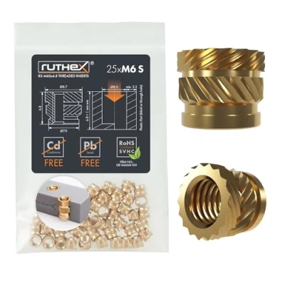 Abbildung von ruthex M6 Gewindeeinsatz SHORT 25 Stück RX M6x6.8 Gewindebuchsen aus Messing stabile Einpressmutter für Kunststoffteile durch Wärme in 3D Druck Teile Kunststoff einsetzbar