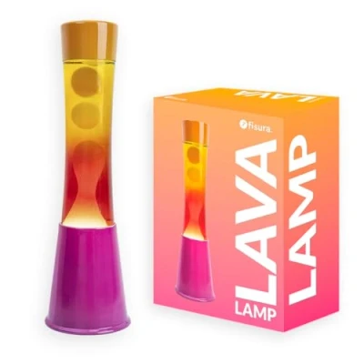 Abbildung von FISURA Lavalampe in Rosa Orange Verlauf. Basis, Glas Mit Verlaufseffekt und orangefarbener Deckel. Entspannende Wirkung. Ersatzglühbirne. 11 cm x 39,5 cm.