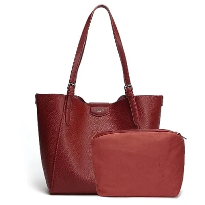 Abbildung von David Jones Handtasche für Damen Einkaufstasche aus weichem Kunstleder Tasche Schule und Arbeit Einkaufstasche, große Größe, A4, lange Henkel, 2 teilig, mit Federmäppchen, rot, one size,