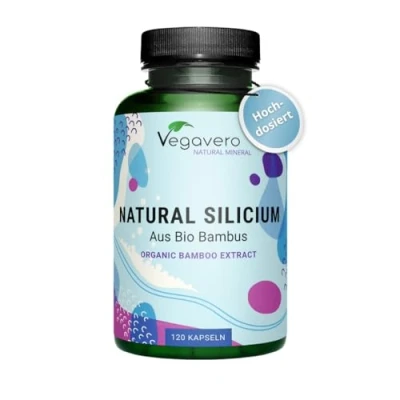 Abbildung von bio Silizium Kapseln Premium: aus 100% Bambusextrakt (10:1) Organisches Silicium hochdosiert Laborgeprüft Vegan Ohne Zusatzstoffe Deutsche Produktion von Vegavero® 120