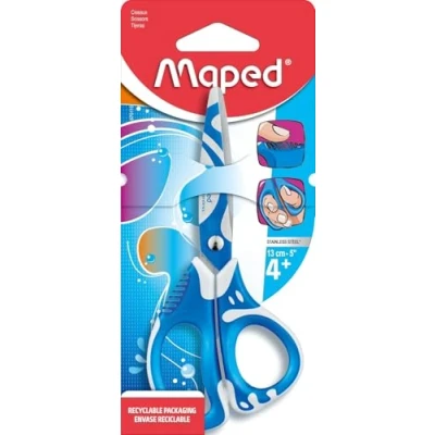 Abbildung von Maped Zenoa Fit Schere 13 cm Kinderschere mit asymmetrischen Ringen innen weich Lamellen verziert und stoßdämpfend Schulschere ab 4 Jahren Blau