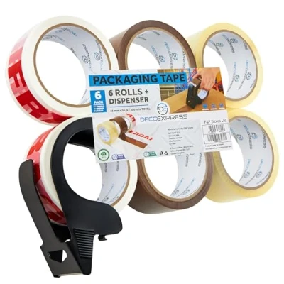 Abbildung von Paketklebeband mit Abroller Set, Paketbandabroller und Rollen zum Verpacken Extra Strong PVC Klebebändern (Kleiner Spender Gemischt)