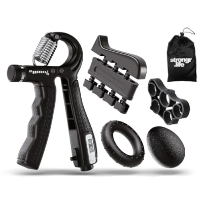 Abbildung von Strongr.Life Handtrainer 5er Pack Set mit Fingertrainer, Rubber Trainer, Ringtrainer, Softball, Aufbewahrungstasche Grip Trainer Widerstand 5 60 kg