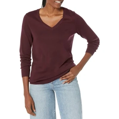 Abbildung von Amazon Essentials Damen Leichter, Langärmeliger Pullover Mit V Ausschnitt, Klassischer Schnitt (Erhältlich In Übergröße), Dunkles Burgunderrot, XS