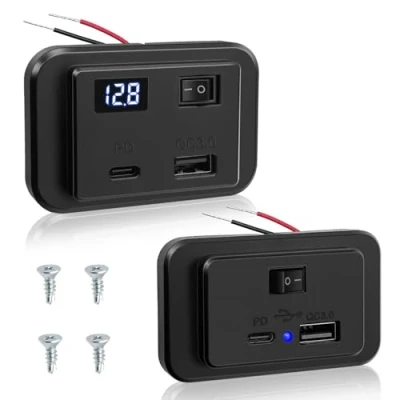Abbildung von Hoembpn Dual USB C Steckdose 12V Wohnmobil Auto Ladegerät mit LED Voltmeter und Schalter, 40W PD Type QC3.0 Ladebuchse 12V/24V Schnellladung Panel für Bus KFZ LKW Boot