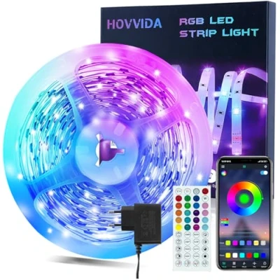 Abbildung von HOVVIDA LED Strip 10M, 1 Rolle, 30 LEDs/Meter, RGB Streifen, 300 LED, APP und Fernbedienung, Musikmodus, Timing Modus, für Zimmer, Wohnzimmer, Küche, Schlafzimmer, Bar, Party