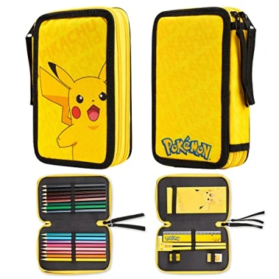 Abbildung von Pokemon Federmäppchen Groß, Gefüllte Federmappe Jungen mit Schreibwaren Set Pikachu Geschenke für Kinder
