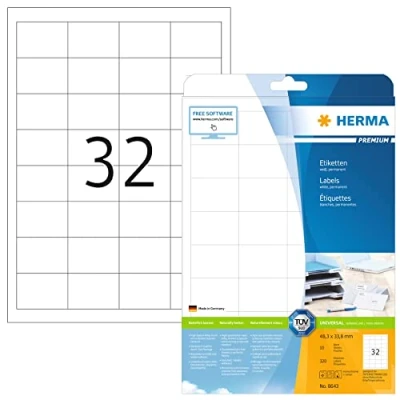 Abbildung von HERMA 8643 Universal Etiketten, 10 Blatt, 48,3 x 33,8 mm, 32 pro A4 Bogen, 320 Stück, selbstklebend, bedruckbar, matt, blanko Papier Klebeetiketten Aufkleber, weiß