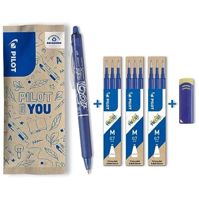 Abbildung von PILOT FriXion Clicker 0.7 1 Stift/9 Minen/1 Radierer Farbe Blau Radierbarer, nachfüllbarer Gel Tintenroller mit Druckmechanik und thermosensitiver Tinte, mittlere Spitze