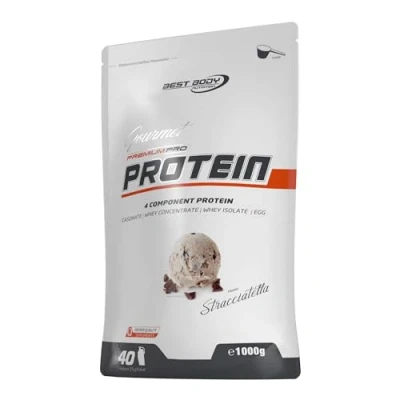 Abbildung von Best Body Nutrition Gourmet Premium Pro Protein Pulver Stracciatella mit Schokostückchen 1 kg 4 Komponenten Whey Caseinat, Konzentrat, Isolat, Eiprotein Cremiger Eiweiß Shake