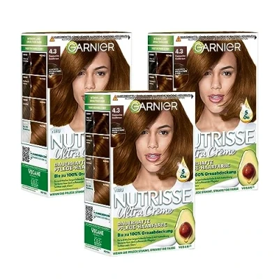 Abbildung von Garnier Nutrisse Dauerhafte Pflege Haarfarbe mit nährenden Fruchtölen, Coloration 8 Wochen Halt, Ultra Crème Tönung, 43 Cappuccino Goldbraun