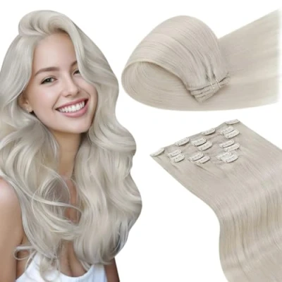 Abbildung von LaaVoo 45cm Remy Clip in Blond Extensions Echthaar 70g/5pcs Professionelle Haarverlängerungen für Frauen Platinblond Haarverlängerung Tressen