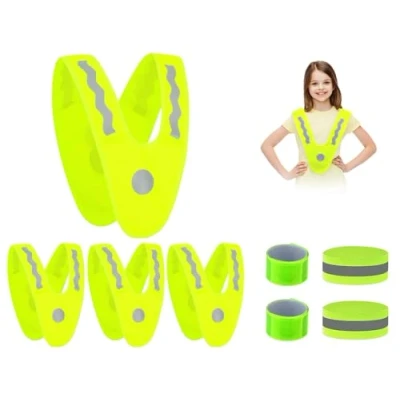 Abbildung von Anlising 4PCS Warnweste Kinder+4PCS Reflektorband, V Form Leichte Kinderwarnweste, Reflektorweste Kinder, Warnschutzweste Sicherheitsweste Warnwesten für Kinder Laufen und Radfahren