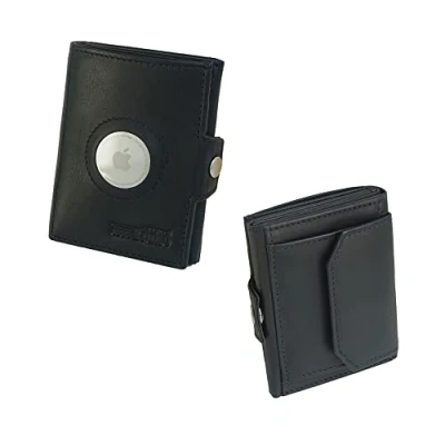 Abbildung von Minigeldbörse mit Apple AirTag Fach Herren schwarz Leder RFID Schutz, kleine Mini Geldbörse, Geldbeutel Kartenetui Portemonnaie klein, Portmonee Männer, Slim Wallet Münzfach