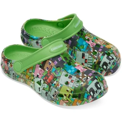 Abbildung von Minecraft Clogs Kinder Gartenschuhe für Strand Schwimmbad, Hausschuhe Jungen mit Riemen abnehmbare Schuhanhänger, Geschenke Jungs (Grün ohne Charms, 32/33 EU)