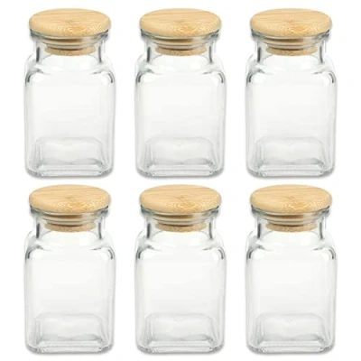 Abbildung von Schramm® Gewürzgläser 150 ml quadratisch 5,5 x 10 cm mit Bambus Verschluss inkl. Etiketten wählbar 6, 12 oder 24 Stück Aufbewahrungsgläser, Größe:6