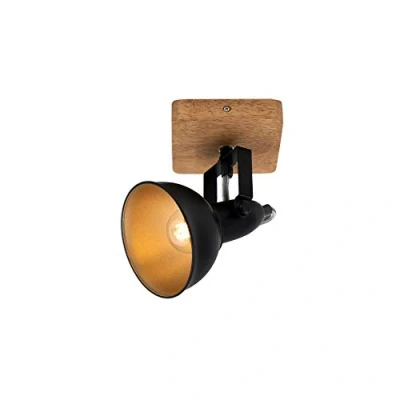 Abbildung von BRILONER Wandleuchte Innen schwenkbar, Vintage, Holzbasis, Wandlampe, Wandstrahler, Leselampe Bett, Deckenlampe, Wohnzimmer, Leselicht, Wandbeleuchtung, 11x11x15,7 cm, Schwarz Gold
