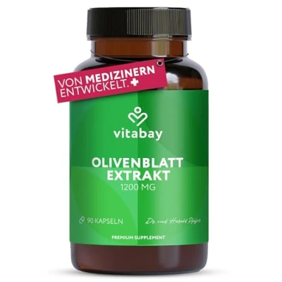 Abbildung von Vitabay Olivenblatt Extrakt 1200 mg 90 vegane Kapseln Olive Leaf Extract 20% Oleuropein Hochdosiert Mit Pullulan Kapselhülle Made in Germany