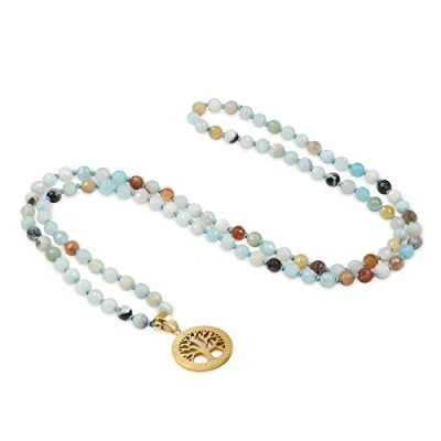 Abbildung von COAI Geschenkideen Unisex Verknotete 108 Mala Kette Meditationskette Gebetskette aus Facettiertem Amazonit mit Lebensbaum Charm