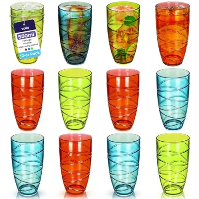 Abbildung von volila Arylic Plastikbecher 550ml/19oz 12er Pack Farbiger Stapelbarer Trinkbecher Wiederverwendbarer und Bruchsicherer Becher Plastik für den täglichen Gebrauch, Partys Picknick