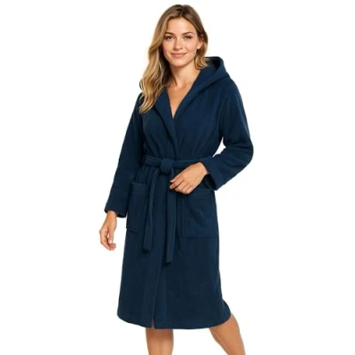 Abbildung von Morgenstern Bademantel Damen Frottee Baumwolle mit Kapuze lang Marineblau Gr. M